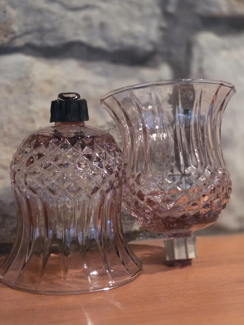 Lot  of 2 Vtg HOMCO 1201 Cathedral Diamond Plum Glass Votive Cup Candleholders